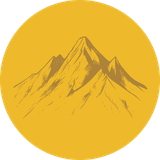 dark yellow circle with brown line drawing of a mountain