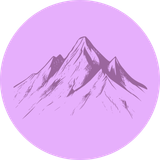 Purple circle with line drawing of a mountain